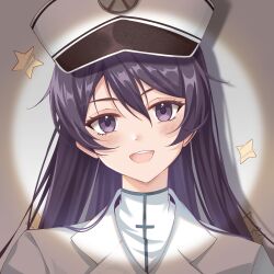 1girl :d bambietta_basterbine black_eyes black_hair bleach bleach:_sennen_kessen-hen blush commentary deadman70232800 eyelashes formal_clothes hair_between_eyes happy hat highres long_hair looking_at_viewer military_hat military_uniform open_mouth peaked_cap portrait quincy_(bleach) shadow shirt simple_background smile solo spotlight star_(symbol) sternritter straight_hair suit teeth upper_teeth_only white_background white_hat white_shirt white_suit