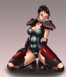  1girl armor black_hair blush breasts brown_eyes cameltoe choker cleavage contra contra:_shattered_soldier deadmoon_(kein2002) female_focus female_masturbation konami large_breasts leotard lucia_(contra) masturbation masturbation_through_clothes ponytail solo 