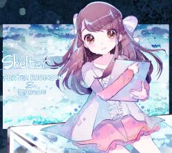  1girl blue_background bow brown_eyes brown_hair center_frills closed_mouth cowboy_shot drawing_tablet dress frills hair_bow happy_tears holding kiato layered_sleeves long_hair long_sleeves looking_at_viewer rin_(shelter) shelter_(song) short_over_long_sleeves short_sleeves sitting smile solo song_name tears white_dress 