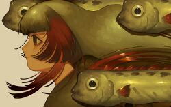  1girl blunt_bangs brown_eyes brown_hair closed_mouth fish from_side green_hair highres looking_ahead m0rtf multicolored_hair oarfish original profile sidelocks simple_background solo upper_body 