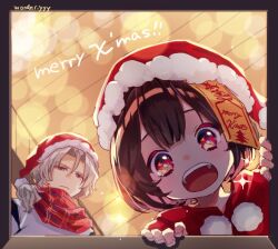  1boy 1girl artist_name black_hair blue_eyes box child christmas closed_mouth commentary excited gift gift_box grey_hair hair_between_eyes hair_over_shoulder hat indoors jiangshi kuroda_(kuro_yyy) long_hair looking_at_viewer looking_down merry_christmas ofuda open_gift open_mouth original plaid_clothes plaid_scarf pom_pom_(clothes) red_eyes red_hat red_scarf red_shirt rei_(kuroda_(kuro_yyy)) rooftop santa_hat scarf shirt short_hair signature sparkle sparkling_eyes sweater teeth upper_teeth_only white_sweater 