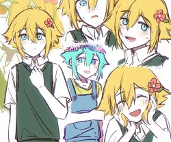  2boys antenna_hair bailan1130 basil_(faraway)_(omori) basil_(headspace)_(omori) basil_(omori) blonde_hair blue_eyes blue_overalls blush closed_eyes closed_mouth collared_shirt dual_persona flower green_eyes green_hair green_sweater_vest hair_flower hair_ornament head_wreath highres looking_at_viewer male_focus multiple_boys omori open_mouth overalls shirt short_hair short_sleeves smile sweater_vest t-shirt white_shirt yellow_shirt 