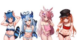  4girls absurdres ahoge akugaki_koa animal_ears arms_behind_back belly between_legs blue_eyes blue_hair blush bow bra breasts camisole chromashift closed_mouth commission demon_horns demon_tail enya_ignis flat_chest futanari hair_bow hair_ribbon hand_between_legs hand_on_own_hip hat heterochromia highres horns knee_up knees_up lalabell_lullaby loli long_hair looking_at_viewer multicolored_hair multiple_girls navel nose open_mouth orange_eyes orange_hair panties penis_in_panties pink_eyes pink_hair pointy_ears poko_rakun rabbit_ears raccoon_ears raccoon_tail ribbon short_hair simple_background small_breasts smile smirk standing striped_clothes striped_panties tail teeth twintails underwear underwear_only virtual_youtuber white_background yellow_eyes 