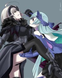  2girls armor armored_dress blonde_hair blush brynhild_(fate) danbouru dress fate/grand_order fate/prototype fate/prototype:_fragments_of_blue_and_silver fate_(series) gauntlets headpiece highres jeanne_d&#039;arc_(fate) jeanne_d&#039;arc_(ruler)_(fate) jeanne_d&#039;arc_alter_(avenger)_(fate) jeanne_d&#039;arc_alter_(avenger)_(first_ascension)_(fate) jeanne_d&#039;arc_alter_(fate) leg_grab long_hair multiple_girls purple_eyes ruler_(fate/grand_order) silver_hair thighhighs very_long_hair yellow_eyes you_gonna_get_raped yuri  rating:Questionable score:37 user:Deusexcalamus