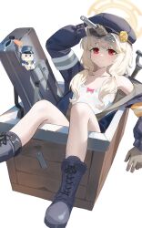 1girl absurdres aoba_(blue_archive) arm_up black_boots black_hat blue_archive blue_jacket blush boots box brown_shirt child closed_mouth hat highres holding holding_wrench in_box in_container jacket long_hair looking_at_viewer red_eyes shirt shortofsugar sidelocks solo sweatdrop tank_top white_tank_top wrench rating:General score:14 user:danbooru