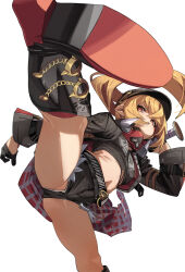 1girl baseball_bat belt black_boots black_gloves black_helmet black_jacket black_shirt black_shorts blonde_hair boots breasts cropped_shirt fu-ta gloves helmet highres jacket kicking knee_boots long_hair long_sleeves luciana_de_montefio mask mask_around_neck micro_shorts midriff navel red_eyes shirt shorts side_ponytail small_breasts solo thighs zenless_zone_zero  rating:Sensitive score:19 user:danbooru
