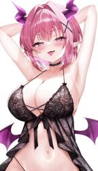  1girl absurdres arms_behind_head arms_up babydoll black_babydoll breasts breath cleavage commission demon_girl demon_horns demon_wings highres horns indie_virtual_youtuber large_breasts momose_meru_(merusabusabu) pink_eyes pink_hair pointy_ears short_hair simple_background skeb_commission solo tongue tongue_out virtual_youtuber white_background wings yu_lei 