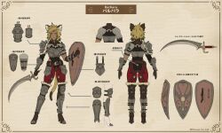  1girl animal_ears armor barbara_(wizardry) blonde_hair boots breastplate brown_gloves chainmail character_name cuisses dark-skinned_female dark_skin fur-trimmed_armor fur-trimmed_boots fur_trim gloves greaves high_heel_boots high_heels highres holding holding_shield holding_sword holding_weapon official_art pants pauldrons red_pants reference_sheet shield shoulder_armor simple_background single_pauldron solo standing strap sword tail thigh_strap vambraces weapon wizardry wizardry_variants_daphne yellow_eyes 