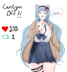 1girl 2024 bada_neko badaneko_art black_skirt blue_hair blush breasts cat_girl cleavage english_text flower_tattoo highres indie_virtual_youtuber large_breasts long_hair one_eye_closed self-portrait shirt skirt solo strip_game tattoo white_background white_shirt wink yellow_eyes