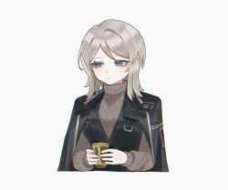  1girl 68oljg black_coat black_vest blue_eyes breasts closed_mouth coat coat_on_shoulders cup faust_(project_moon) grey_sweater highres holding holding_cup limbus_company long_sleeves looking_at_viewer project_moon short_hair simple_background solo sweater upper_body vest white_background white_hair 