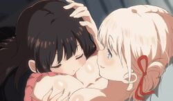  2girls animated blonde_hair breast_smother breasts breathing brown_hair cleavage face_to_breasts groping hair_ribbon hand_on_another&#039;s_head indoors inoue_takina interior large_breasts long_hair looking_at_another lycoris_recoil lying multiple_girls nishikigi_chisato on_back or2_(sahr7857) red_eyes red_ribbon ribbon short_hair smile tagme video yuri  rating:Sensitive score:378 user:Malla2