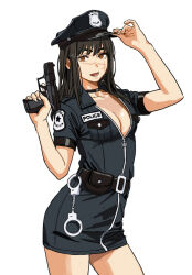  1girl alternate_costume black_choker black_hair breasts chainsaw_man choker cleavage collarbone commentary cuffs dress fami_(chainsaw_man) fingernails gun halloween_costume handcuffs handgun hat holding holding_gun holding_weapon looking_at_viewer makima_(chainsaw_man) medium_breasts partially_unzipped peaked_cap police police_uniform policewoman ringed_eyes scar scar_on_face shiren_(ourboy83) siblings sisters smile solo walther walther_p99 weapon white_background yoru_(chainsaw_man) 