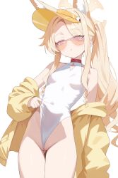 1girl absurdres animal_ear_fluff animal_ears bare_shoulders blue_archive blush breasts cameltoe clothes_pull covered_navel cross_halo diamond_cutout dot_nose extra_ears eyes_visible_through_hair fox_ears fox_girl frontal_wedgie gluteal_fold hair_over_one_eye half-closed_eyes halo highleg highleg_one-piece_swimsuit highres jacket loli long_hair long_sleeves looking_at_viewer off_shoulder official_alternate_costume official_alternate_hairstyle one-piece_swimsuit one-piece_swimsuit_pull parted_lips pink-tinted_eyewear pulling_own_clothes seia_(blue_archive) seia_(swimsuit)_(blue_archive) side_ponytail simple_background small_breasts solo sunglasses sweat swimsuit szkure. thighs tinted_eyewear very_long_hair visor_cap wedgie white_background white_one-piece_swimsuit yellow_halo yellow_jacket yellow_visor 
