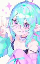  1girl absurdres ahoge black_bra blue_eyes bow bow_choker bra breasts choker cleavage closed_mouth commentary_request commission double-parted_bangs from_above glasses green_hair green_ribbon green_sweater grey_bow hair_between_eyes hands_up highres long_hair long_sleeves looking_at_viewer medium_breasts multicolored_eyes n._(plaw_01) original pink-framed_eyewear pink_eyes pink_ribbon pink_sweater pointy_ears puffy_long_sleeves puffy_sleeves purple_choker raised_inner_eyebrows ribbon ribbon-trimmed_sleeves ribbon_trim round_eyewear semi-rimless_eyewear sidelocks simple_background skeb_commission smile solo sparkle sweater teardrop-framed_glasses two-tone_eyes two-tone_ribbon two-tone_sweater underwear upper_body v wavy_mouth white_background 