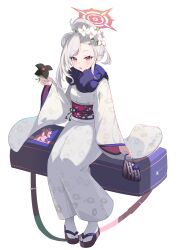  1girl absurdres bag black_flower blue_archive e_li_(77864296) floral_print floral_print_kimono floral_print_sash flower fur_collar hair_bun hair_flower hair_ornament halo handbag highres holding holding_bag holding_flower japanese_clothes kimono long_hair mutsuki_(blue_archive) mutsuki_(new_year)_(blue_archive) obi official_alternate_costume official_alternate_hairstyle open_mouth pink_eyes pointy_ears print_kimono red_halo red_sash sandals sash simple_background single_hair_bun sitting solo tabi tassel white_background white_flower white_hair white_kimono wide_sleeves zouri 