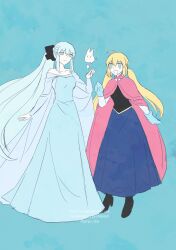  2girls ahoge anna_(frozen) anna_(frozen)_(cosplay) artoria_caster_(fate) artoria_pendragon_(fate) bare_shoulders blonde_hair blue_background blue_dress blue_eyes blue_gloves blue_hair blush capelet closed_mouth commentary cosplay dress elsa_(frozen) elsa_(frozen)_(cosplay) fate/grand_order fate_(series) frozen_(disney) full_body gloves highres long_hair morgan_le_fay_(fate) multiple_girls off-shoulder_dress off_shoulder open_mouth parody ponytail pryo_tea purple_capelet siblings sidelocks simple_background sisters smile twintails very_long_hair 