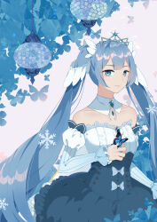 1girl absurdly_long_hair absurdres bare_shoulders blue_background blue_bow blue_butterfly blue_eyes blue_gemstone blue_hair blue_skirt blue_sleeves blunt_bangs bow bow_button braid bug butterfly butterfly_on_hand chest_jewel circle_skirt closed_mouth collar collarbone commentary_request cowboy_shot crystal detached_collar detached_sleeves frilled_skirt frilled_sleeves frills gem hair_ornament happy hatsune_miku high-waist_skirt highres insect kirina_zero lace lace-trimmed_shirt lace_trim lantern layered_sleeves lipstick long_hair long_sleeves makeup miniskirt pink_background pink_lips puffy_short_sleeves puffy_sleeves shirt short_over_long_sleeves short_sleeves skirt sleeves_past_wrists smile snowflakes solo standing strapless strapless_shirt tiara twin_braids twintails two-tone_background vertical-striped_sleeves very_long_hair vocaloid white_collar white_shirt white_sleeves yuki_miku yuki_miku_(2019) 