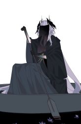  1boy acell1224 alternate_costume alternate_hair_length alternate_hairstyle arknights black_cloak black_hands black_skin black_veil boat cloak collarbone colored_extremities colored_skin covered_face demon_horns earrings feet_out_of_frame flower flower_on_liquid gold_belt gradient_skin grey_robe head_wings highres holding holding_oar horns jewelry logos_(arknights) long_hair long_sleeves looking_at_viewer male_focus oar on_boat pointy_ears purple_flower purple_hair red_eyes robe rowboat rowing sitting solo veil veil_over_eyes very_long_hair water watercraft wide_sleeves wings 