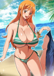  1girl adapted_costume bangle beach bikini blush bracelet breasts cleavage denim feet highres jeans jewelry large_breasts legs log_pose long_hair looking_at_viewer nami_(one_piece) nami_(one_piece)_(return_to_sabaody) navel ocean one_piece open_mouth orange_eyes orange_hair outdoors pants qdoujin_(pixiv44648813) shoulder_tattoo side-tie_bikini_bottom smile solo swimsuit tattoo thighs underboob undressing water  rating:Sensitive score:55 user:spk