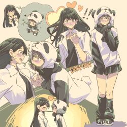  2girls animal_costume anjuro_zeeku bamboo bang_dream! bang_dream!_it&#039;s_mygo!!!!! black_hair black_shirt black_socks blush chinese_commentary closed_eyes closed_mouth commentary_request earrings grey_hair heart highres jewelry long_hair looking_at_another loose_socks multiple_girls nervous_sweating panda_costume pink_eyes purple_eyes shiina_taki shirt short_hair simple_background socks speech_bubble sweat takamatsu_tomori thought_bubble white_shirt yellow_background yuri 