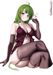  1girl ahoge artist_name babydoll blue_eyes blush braid braided_ponytail breasts brown_gloves brown_thighhighs collarbone commentary_request crossed_legs ebifurya elbow_gloves garter_straps gloves green_hair hair_between_eyes hand_up highres kantai_collection large_breasts long_hair looking_at_viewer mole mole_on_breast mole_under_mouth one-hour_drawing_challenge parted_bangs sidelocks simple_background smile solo thighhighs thighs twitter_username very_long_hair white_background yuugumo_(kancolle) 