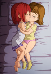 2girls absurdres aged_down ahoge barefoot bed bed_sheet blush brown_hair kodomo_doushi closed_eyes dress eyelashes female_focus final_fantasy final_fantasy_viii from_above full_body g_reaper highres hug kairi_(kingdom_hearts) kingdom_hearts kingdom_hearts_i kiss loli lying multiple_girls on_bed on_side panties pillow pink_panties red_hair selphie_tilmitt shirt short_hair socks thighs toenails toes underwear white_dress yellow_shirt yellow_socks yuri rating:Questionable score:157 user:MonsieurCinq