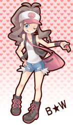  1girl bag blue_eyes brown_hair cubexcube full_body hilda_(pokemon) legs long_hair nintendo one_eye_closed poke_ball poke_ball_(basic) pokemon pokemon_bw solo standing 