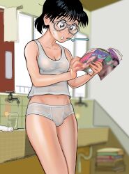  1futa aviator_glasses black_hair blue_eyes blurry blurry_background book book_stack breasts briefs bulge classic_fly_briefs cleavage collarbone commentary_request cup drinking_glass faucet feet_out_of_frame freckles futanari grey-framed_eyewear highres holding holding_magazine indoors jimiko looking_down magazine_(object) male_underwear midriff mouth_hold original panties pornography reading short_hair small_breasts solo standing tank_top thighs tile_wall tiles towel underwear uro_(urouroo) white_panties white_tank_top window 
