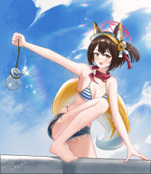  1girl :d absurdres animal_ear_fluff animal_ears armpits bare_legs barefoot bikini black_hair blue_archive blue_sky breasts cleavage cloud cloudy_sky commentary_request denim denim_shorts eyeshadow flower fox_ears fox_girl fox_tail hair_flower hair_ornament halo highres izuna_(blue_archive) izuna_(swimsuit)_(blue_archive) lens_flare looking_at_viewer makeup medium_hair midriff official_alternate_costume official_alternate_hairstyle one_side_up open_mouth outdoors pom_pom_(clothes) pom_pom_hair_ornament red_eyeshadow red_halo red_scarf scarf shangdi_de_fa_zhang short_shorts shorts sidelocks sky small_breasts smile solo spaghetti_strap striped_bikini striped_clothes summer sunflower sunflower_hair_ornament sunlight swimsuit tail toes visor_cap wet yellow_eyes 