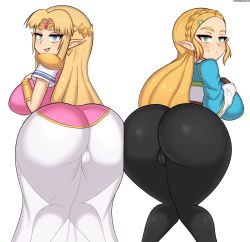2girls absurdres armor ass ass-to-ass black_pants blue_eyes blush breasts cameltoe circlet dress drunkavocado dual_persona earrings green_eyes hair_ornament hairclip highres huge_ass jewelry large_breasts long_hair looking_at_viewer looking_back multiple_girls nintendo pants parted_bangs pauldrons pointy_ears princess_zelda short_sleeves shoulder_armor smile the_legend_of_zelda the_legend_of_zelda:_a_link_between_worlds the_legend_of_zelda:_breath_of_the_wild tight_clothes tight_pants triforce white_background rating:Questionable score:170 user:JustHere4Butts