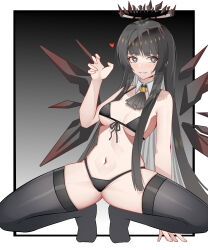  1girl absurdres arknights bikini black_background black_bikini black_eyes black_hair black_halo black_thighhighs black_wings border breasts chinese_commentary commentary_request detached_wings halo heart heart-shaped_pupils highres medium_breasts muusn navel no_shoes solo squatting stomach swimsuit symbol-shaped_pupils thighhighs thighs virtuosa_(arknights) white_border wings 