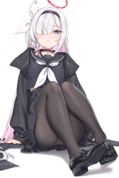  1girl black_choker black_eyes black_hairband black_serafuku blue_archive braid choker colored_inner_hair commentary_request fangxiang_cuoluan hair_over_one_eye hairband halo highres loafers long_hair long_sleeves looking_at_viewer multicolored_hair neckerchief panties panties_under_pantyhose pantyhose pink_hair pink_halo plana_(blue_archive) red_pupils sailor_collar school_uniform serafuku shoes single_braid skirt solo underwear very_long_hair white_hair white_neckerchief white_panties  rating:Sensitive score:52 user:danbooru