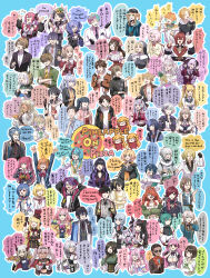 6+boys 6+girls absurdres animal animal_on_head black_gloves black_hair blonde_hair blue_background blue_eyes blue_hair bow bowtie braid breasts brown_eyes brown_hair character_request cleavage cleavage_cutout closed_eyes clothing_cutout commentary copyright_name costume_request english_commentary english_text epaulettes flower food fruit glasses gloves green_eyes grey_hair hair_flower hair_ornament hair_over_one_eye hairclip hat headphones headphones_around_neck heterochromia highres higuchi_kaede higuchi_kaede_(1st_costume) holding holding_food holding_fruit holding_pizza honma_himawari honma_himawari_(1st_costume) horns japanese_clothes kimono lanyard luca_kaneshiro luca_kaneshiro_(1st_costume) maid_headdress mikkekan mixed-language_text multicolored_hair multiple_boys multiple_girls musical_note navel necktie nijisanji nijisanji_en nijisanji_kr on_head orange_hair pineapple pineapple_on_pizza pineapple_on_pizza_(game) pink_eyes pink_hair pizza pizza_slice pointy_ears purple_eyes purple_hair red_bow red_bowtie red_hair sailor_collar selen_tatsuki striped_necktie sunflower sunflower_hair_ornament sunglasses tears tomato translation_request turtle twintails virtual_youtuber white_hair yang_nari yellow_eyes