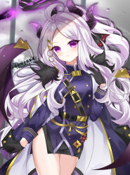  1girl absurdres ahoge black_coat black_gloves black_halo black_skirt black_thighhighs blue_archive blush breasts coat demon_girl demon_horns demon_wings gloves halo highres hina_(blue_archive) horns long_hair looking_at_viewer purple_eyes skirt small_breasts solo standing thighhighs user_ntma4584 white_hair wings 