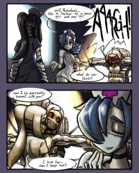  absurdres comic gloves h0n3ybtl hallow_(skullgirls) hat highres hug latex latex_gloves mask mouth_mask nurse nurse_cap painwheel_(skullgirls) red_eyes skullgirls speech_bubble strapped_down surgical_mask tagme valentine_(skullgirls) 