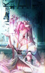  1girl :3 absurdres animal_ears bare_shoulders black_choker breasts canvas_(object) cat_mask chattino_(raora_panthera) choker cleavage closed_mouth feather_boa floomf floral_print floral_print_kimono hair_ribbon highres holding holding_smoking_pipe hololive hololive_english indoors japanese_clothes kimono large_breasts long_hair long_sidelocks looking_at_viewer mask multicolored_hair off_shoulder official_alternate_costume official_alternate_hairstyle panther_ears panther_girl panther_tail pink_hair print_kimono raora_panthera raora_panthera_(new_year) ribbon sidelocks sitting smoking_pipe solo streaked_hair tail thighhighs twintails very_long_hair virtual_youtuber white_hair white_kimono white_mask white_ribbon white_thighhighs wide_sleeves yellow_eyes yokozuwari 
