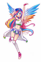  1girl bad_id bad_pixiv_id crop_top crop_top_overhang female_focus hat heterochromia kaminary long_hair midriff multicolored_hair navel original shirt short_shorts shorts simple_background solo tied_shirt wings  rating:Sensitive score:5 user:danbooru