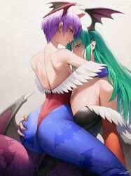  2025 2girls animal_print ass backless_leotard bare_shoulders bat_print bat_wings black_leotard blue_pantyhose breasts closed_mouth commentary darkstalkers demon_girl feather-trimmed_leotard grabbing_another&#039;s_ass green_eyes green_hair groping head_wings hichi highleg highleg_leotard highres large_breasts leotard lilith_(darkstalkers) long_hair looking_at_viewer low_wings median_furrow morrigan_aensland multiple_girls off-shoulder_leotard pantyhose print_pantyhose profile purple_hair purple_pantyhose red_eyes red_leotard short_hair shoulder_blades sideways_glance signature simple_background sitting sitting_on_person smile thong_leotard very_long_hair white_background wings yuri 