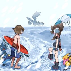  1boy 1girl beach_umbrella boots brown_hair cold dewott exposed_pocket frozen gen_1_pokemon gen_5_pokemon hilbert_(pokemon) hilda_(pokemon) holding holding_swim_ring innertube kyurem legendary_pokemon nintendo nyagiratwist outdoors pikachu pink_scarf pokemon pokemon_(creature) pokemon_bw scarf source_request standing swim_ring trembling umbrella 