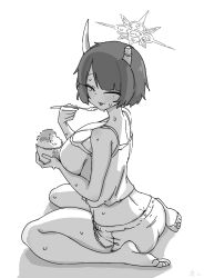  1girl ;p ass blue_archive breasts broken_horn camisole cleavage commentary_request cone_horns crop_top dolphin_shorts food full_body halo highres holding holding_spoon horns large_breasts median_furrow mole mole_under_eye nishino_hikoji niya_(blue_archive) one_eye_closed shaved_ice short_hair short_shorts shorts sitting soles solo spoon sweat toes tongue tongue_out wariza 