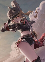  1girl absurdres andreas_meidy artist_name baseball_bat belt black_belt black_boots black_gloves black_jacket black_shirt black_shorts blue_sky boots brass_knuckles cloud cloudy_sky commentary cowboy_shot crop_top cropped_jacket cropped_shirt cutoffs dated day dutch_angle english_commentary from_below gloves hand_up hat_tip helmet highres holding holding_baseball_bat jacket knee_boots long_hair looking_back luciana_de_montefio micro_shorts midriff navel open_clothes open_jacket outdoors print_shirt shirt shorts sideways_glance sky solo spiked_helmet thighs torn_clothes torn_shirt turning_head walking watermark weapon zenless_zone_zero 