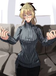  1girl absurdres alternate_costume black_bow black_pants blind blonde_hair blue_eyes blush bow commentary commission couch cowboy_shot english_commentary grey_sweater hair_between_eyes hair_bow highres imminent_hug katawa_shoujo looking_at_another nonsense_(dcrn4428) pants pixiv_commission ponytail ribbed_sweater satou_lilly smile solo sweater turtleneck turtleneck_sweater wavy_hair 