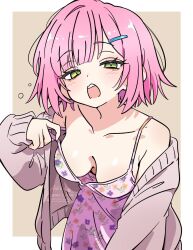  1girl artist_name asami-chan blush breasts cardigan collarbone commentary commission dress floral_dress floral_print floral_print_dress green_eyes grey_cardigan hair_ornament hairclip highres large_breasts long_sleeves looking_at_viewer medium_hair open_mouth pink_dress pink_hair print_dress signature solo strap_slip virtual_youtuber white_background 