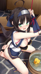  1girl ahoge armpit_crease artist_name ass bare_shoulders barefoot bathroom black_scarf blue_bridal_gauntlets blue_kimono blush bound bound_wrists bow breasts breasts_out bridal_gauntlets colored_eyelashes commentary embarrassed english_commentary eyes_visible_through_hair feet floral_print forehead_protector from_above full_body furrowed_brow green_eyes hair_between_eyes hands_up heart highres hitachi_mako huge_ahoge indoors japanese_clothes kimono large_breasts looking_at_viewer ninja nipples no_panties nose_blush nyayuu96 open_mouth paid_reward_available ponytail red_bow restrained round_teeth rubber_duck sash scarf seiza senren_banka short_hair_with_long_locks short_ponytail sitting sleeveless sleeveless_kimono soles solo teeth toes upper_teeth_only white_sash wrist_bow 
