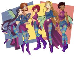  5girls absurdres asian asymmetrical_hair bare_shoulders black_hair black_lips blue_eyes blue_gloves blue_pantyhose blue_shirt blue_shorts blue_skirt boots breasts brown_eyes brown_hair cleavage cleavage_cutout clothing_cutout commentary cornelia_hale dark-skinned_female dark_skin elbow_gloves english_commentary feathered_wings flats full_body glasses gloves green_pantyhose green_wings hair_between_eyes hand_on_own_cheek hand_on_own_chest hand_on_own_face happy hay_lin highres hug hug_from_behind irma_lair knee_boots lipstick long_hair long_hair_between_eyes long_skirt long_sleeves low_twintails magic magical_girl makeup messy_hair midriff miniskirt multiple_girls navel off-shoulder_shirt off_shoulder orange_hair pantyhose parted_lips partially_fingerless_gloves pink_skirt pink_wrist_cuffs pleated_skirt purple_boots purple_shoes red_hair round_eyewear shirt shoes short_hair shorts side_slit skirt sleeveless sleeveless_shirt smile square standing striped_clothes striped_pantyhose taranee_cook teeth torn_clothes torn_sleeves turtleneck turtleneck_shirt twintails two-tone_pantyhose very_long_hair very_short_hair w.i.t.c.h. walcraft white_background wide_sleeves will_vandom wings wrist_cuffs 