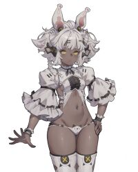  1girl absurdres animal_ears braid breasts cat_ear_panties dark-skinned_female dark_skin highres navel original panties puffy_sleeves rabbit_ears revealing_clothes short_hair simple_background single_braid small_breasts solo thighhighs thighs txooxt underwear white_background white_hair white_panties yellow_eyes 
