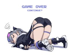  1girl absurdres ass bandaid bandaid_on_leg black_gloves black_jacket black_shoes black_shorts closed_eyes defeat earrings eyewear_on_head fishnet_shorts fishnet_socks fishnets fur-trimmed_jacket fur_trim game_over gloves gradient-tinted_eyewear grey_hair grimmelsdathird highres honkai:_star_rail honkai_(series) jacket jewelry long_hair ponytail purple-tinted_eyewear shoes shorts silver_wolf_(honkai:_star_rail) socks thigh_strap tinted_eyewear top-down_bottom-up 