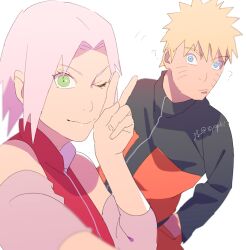  1boy 1girl ;) blonde_hair blue_eyes closed_mouth elbow_pads green_eyes haruno_sakura jacket long_sleeves looking_at_viewer naruto_(series) naruto_shippuuden ninja one_eye_closed orange_jacket pink_hair red_shirt shirt short_hair simple_background sleeveless sleeveless_shirt smile spiked_hair uzumaki_naruto v white_background zifletts 