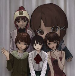  5girls animal_costume animegao asymmetrical_hair bear_costume bingi brown_eyes brown_hair closed_mouth cosplay expressionless hair_ornament hairclip highres iwakura_lain kigurumi long_sleeves looking_at_viewer multiple_girls multiple_persona school_uniform serial_experiments_lain shirt short_hair simple_background single_sidelock sitting upper_body x_hair_ornament  rating:General score:6 user:danbooru