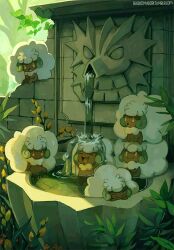  6+others ^_^ animated animated_gif bathing bird_bath bluekomadori closed_eyes fountain gen_1_pokemon gen_5_pokemon gen_7_pokemon green_horns horns long_hair multiple_others nintendo no_humans orange_eyes outdoors plant pokemon pokemon_(creature) pokemon_focus seadra shadow sitting smile tumblr_username twilight very_long_hair wading water waterfall whimsicott white_hair 